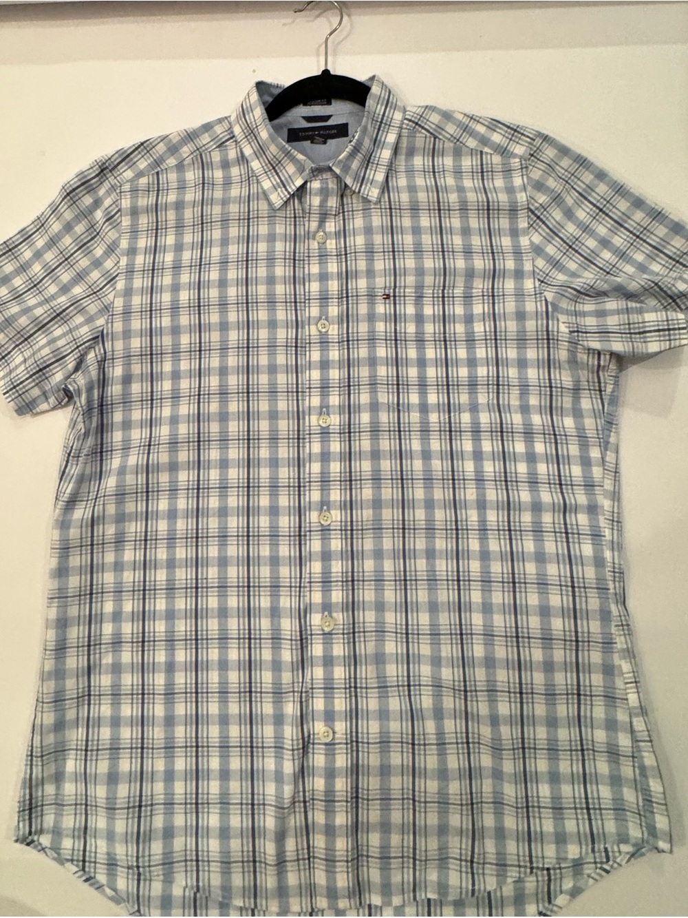 Tommy Hilfiger Men’s Light Blue & White Plaid Short-Sleeve Button-Down Shirt